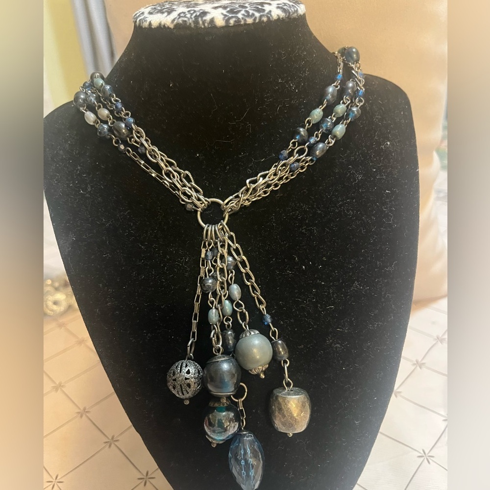 Elegant Blue‎ and Silver Multi-Strand Necklace